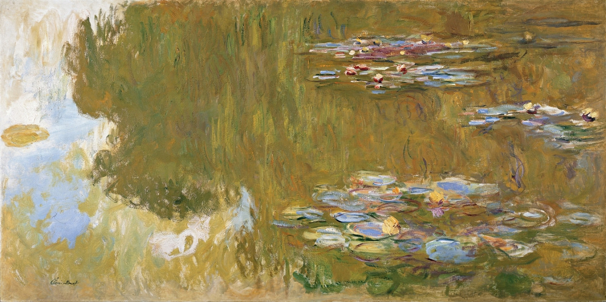 Gemälde eines Teichs mit Seerosen in Blau-, Grün- und Rosatönen, weiche, verschwimmende Farbflächen | Credit: Claude Monet | Der Seerosenteich, 1917-1919 | ALBERTINA, Wien – Sammlung Batliner
