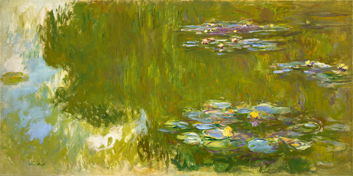 Gemälde eines Teichs mit Seerosen in Blau-, Grün- und Rosatönen, weiche, verschwimmende Farbflächen | Credit:Claude Monet | Der Seerosenteich, 1917-1919 | ALBERTINA, Wien – Sammlung Batliner