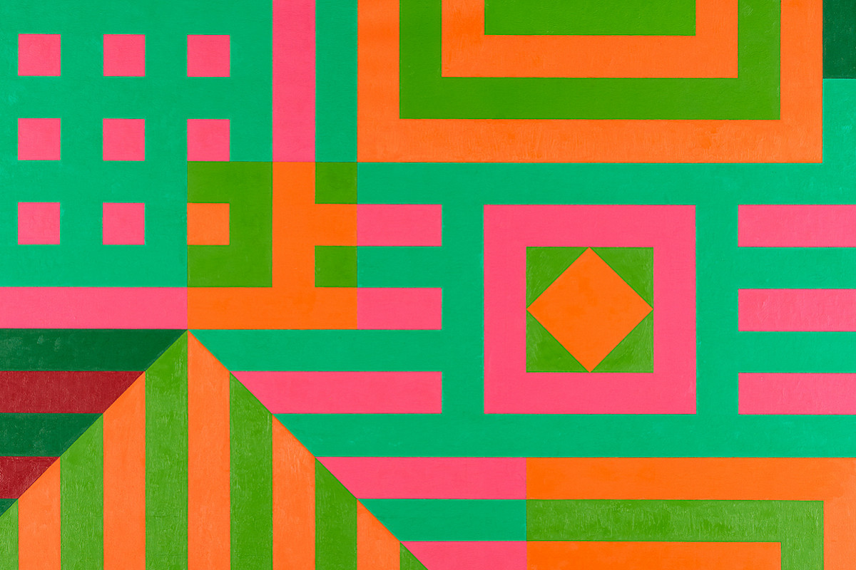 Anordnung geometrischer Muster und Linien in Grün-und Rottönen, welche teilweise Quadrate und andere Formen bildet. | Victor Vasarely | Kiu-Siu, 1963 | ALBERTINA, Wien – The ESSL Collection © Bildrecht, Wien 2026