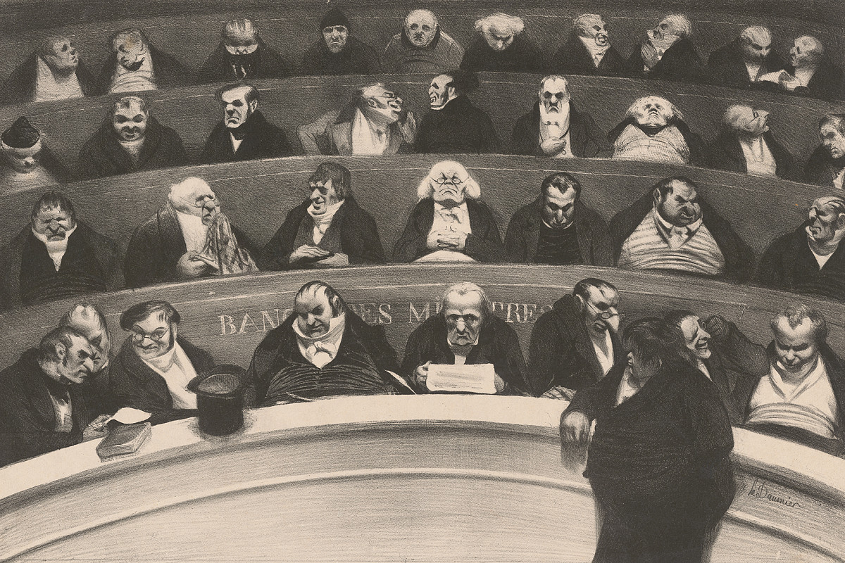 Lithograph showing closely seated men in dark suits on wooden benches in a hall. | Credit: Honoré Daumier | Le ventre législatif 1834 | Albertina, Vienna
