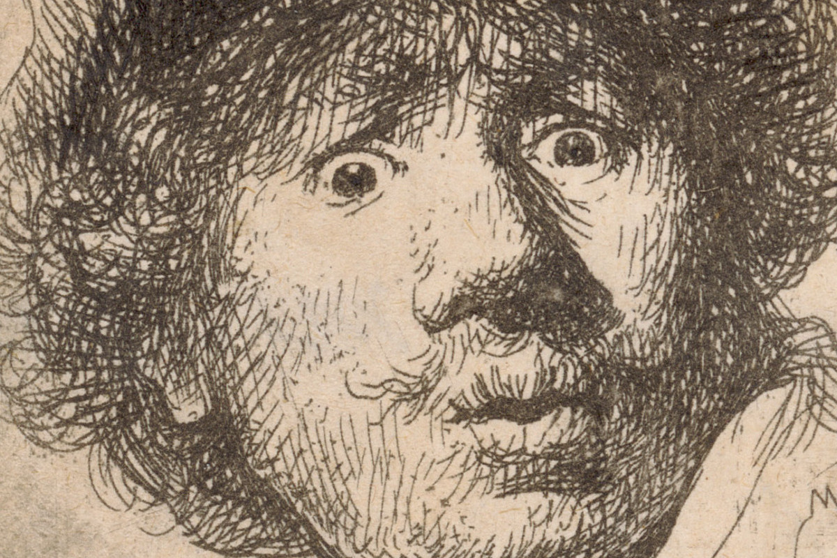 Drawing: A self-portrait of the artist with wide eyes and pursed lips. He is wearing a headdress under which curly hair and a moustache can be seen. He is looking out of the picture with his head turned to one side. Credit: Rembrandt Harmensz. van Rijn | Self-portrait with eyes wide open, 1630 | The ALBERTINA Museum, Vienna