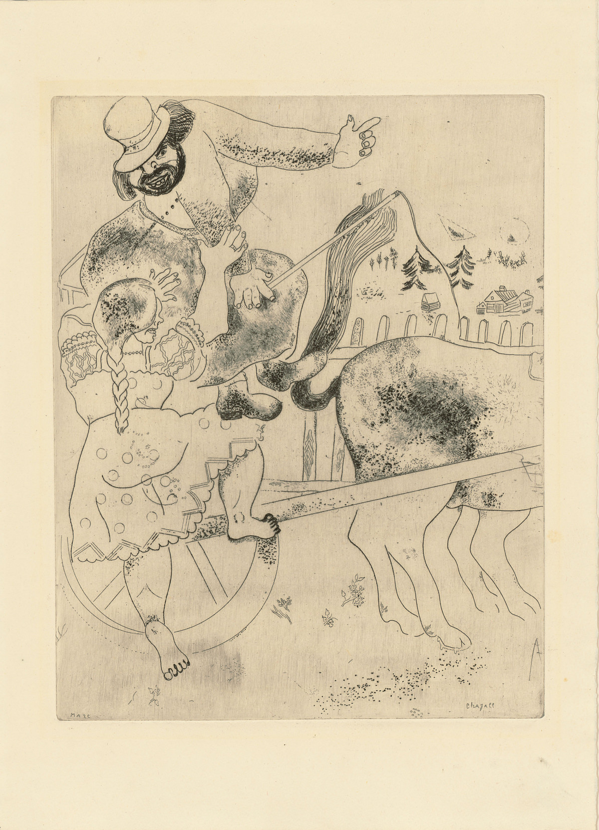 Marc Chagall: Das kleine Mädchen zeigt dem Kutscher Selizhan den Weg, 1923 – 1927
