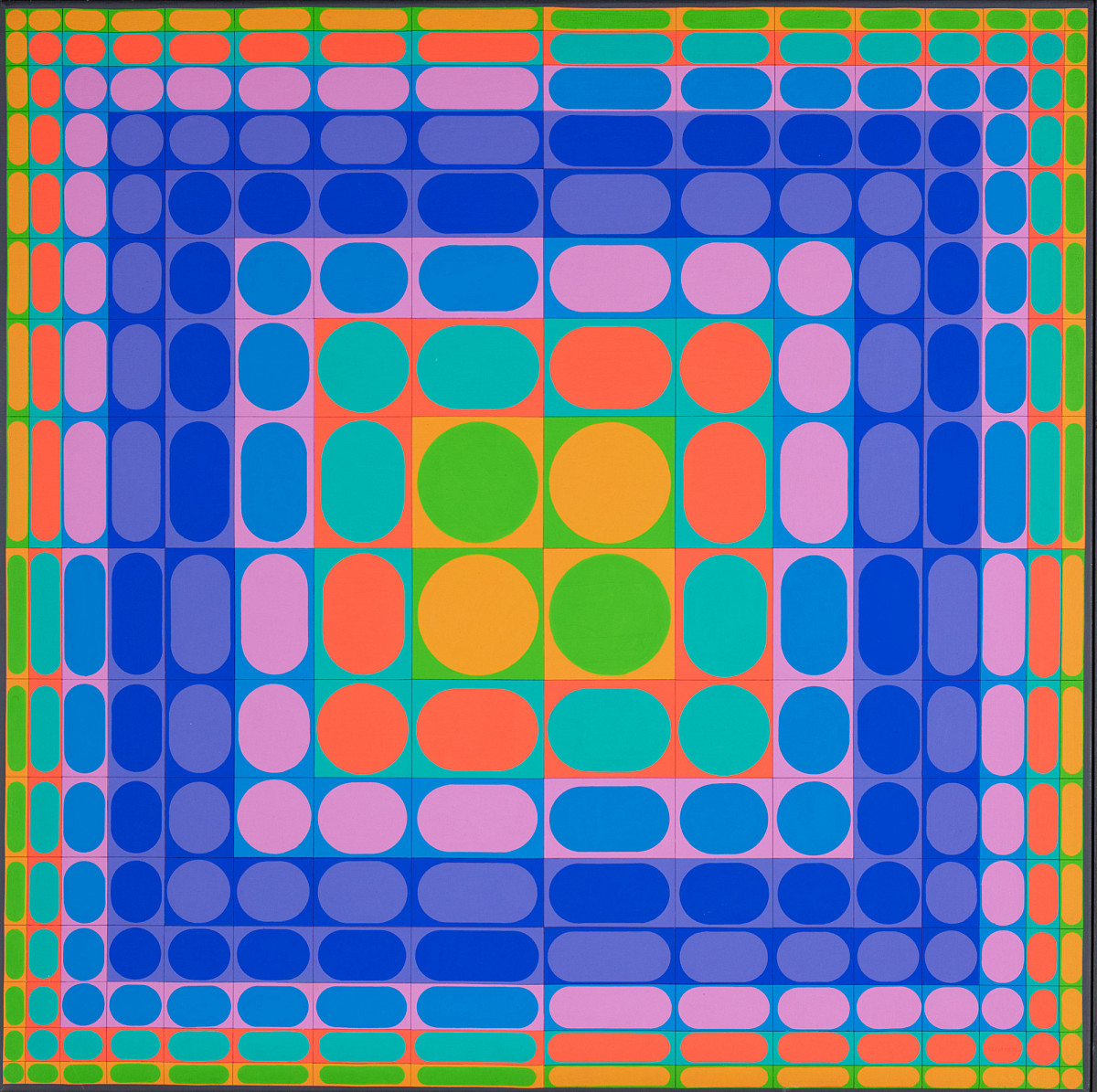 A variety of colorful circles of different sizes arranged in a rectangular pattern on a colorful background. Credit: Victor Vasarely | GYK K2, 1974 | The ALBERTINA Museum, Vienna – The Batliner Collection © Bildrecht, Vienna 2026, Photo: The ALBERTINA Museum, Vienna