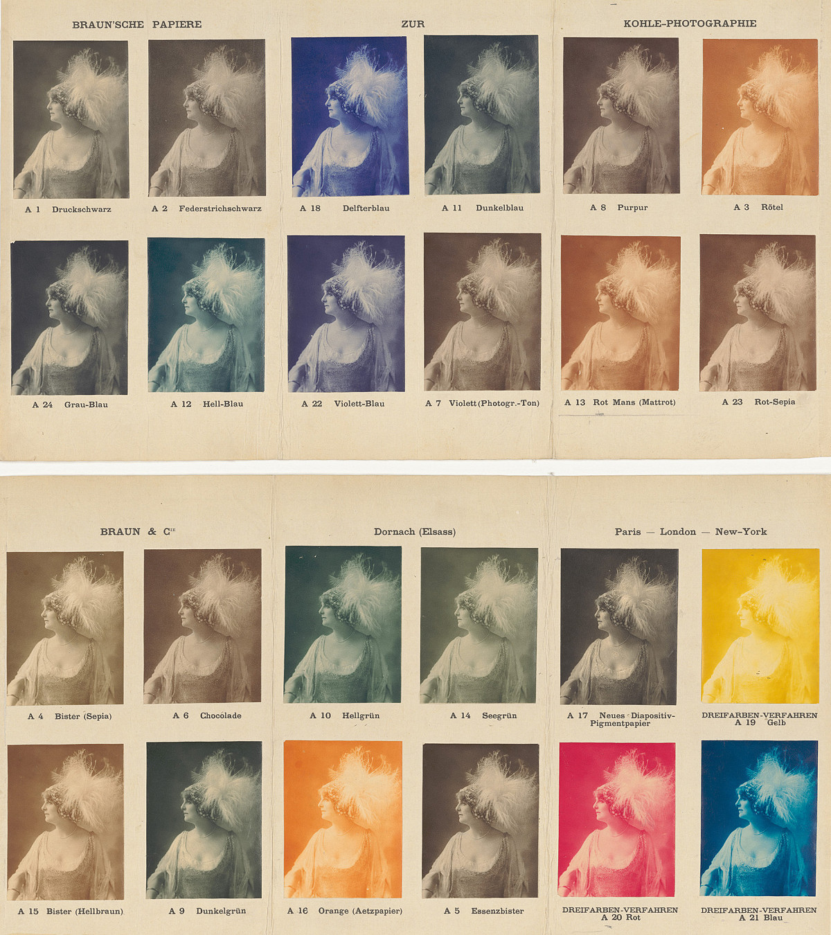 Ad. Braun et Cie.: Sample board of various pigment papers from Ad. Braun et Cie., around 1910