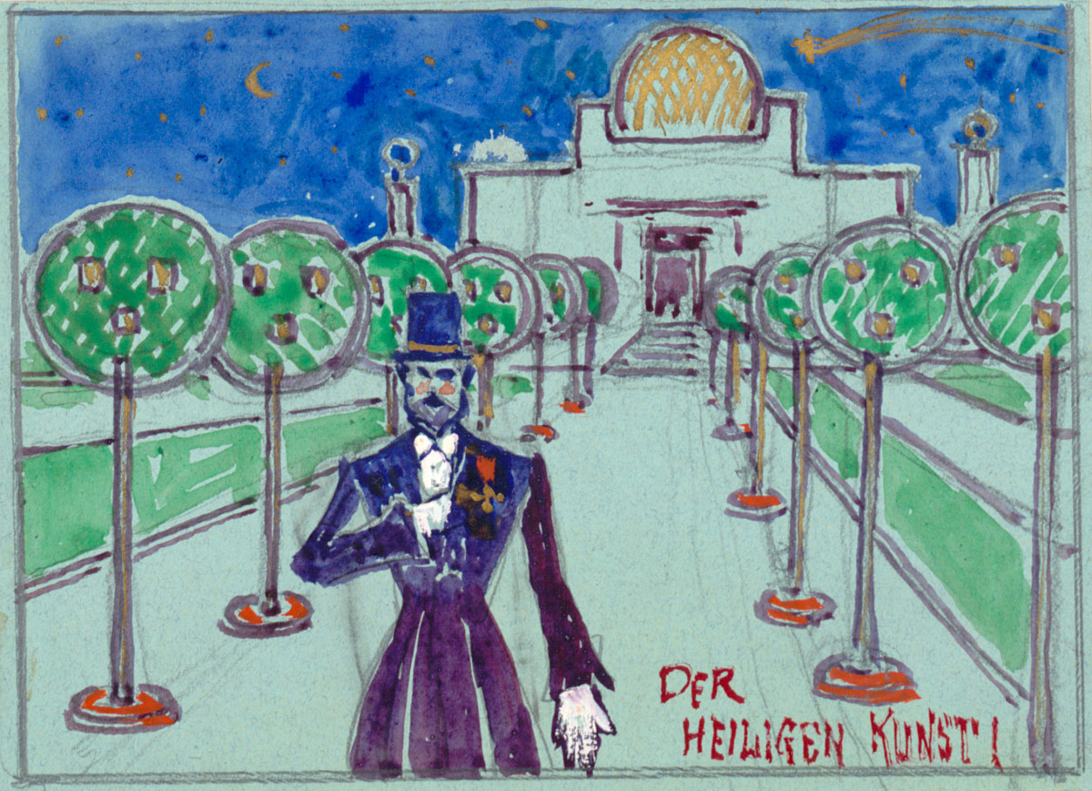A man in a tailcoat in the foreground, behind him an avenue of small trees or lanterns with a round ball. In the background is the building of the Vienna Secession and above it a night sky with stars and a shooting star.