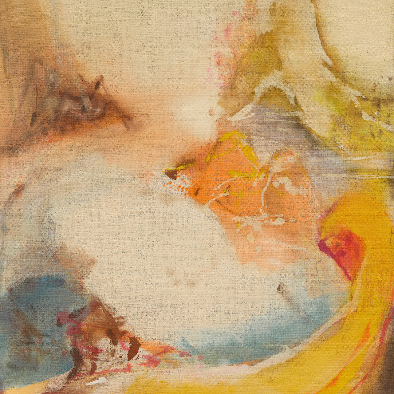 Colored areas in beige, white, orange and blue with slight gradients. Credit: Leiko Ikemura | Yellow Scape, 2020 | © 2025 Leiko Ikemura / Photo: Lisson Gallery