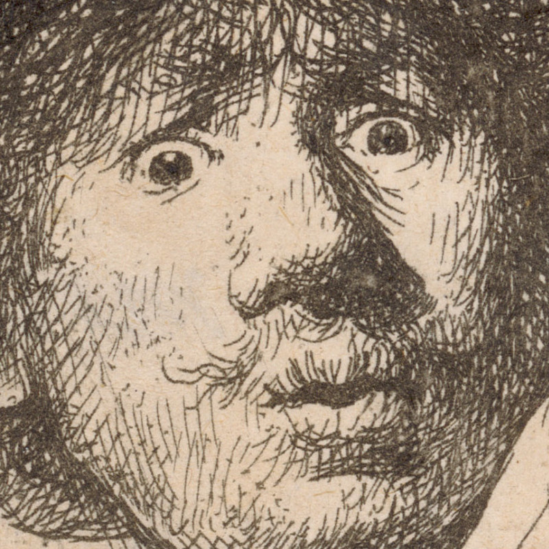 Drawing: A self-portrait of the artist with wide eyes and pursed lips. He is wearing a headdress under which curly hair and a moustache can be seen. He is looking out of the picture with his head turned to one side. Credit: Rembrandt Harmensz. van Rijn | Self-portrait with eyes wide open, 1630 | The ALBERTINA Museum, Vienna