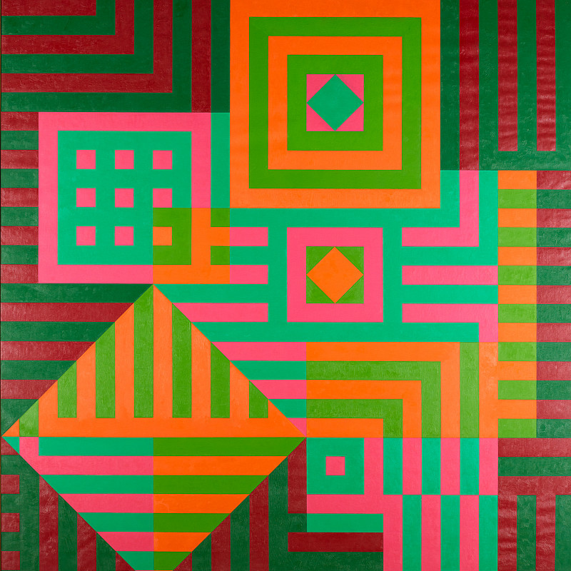 Arrangement of geometric patterns and lines in shades of green and red, some of which form squares and other shapes. | Victor Vasarely | Kiu-Siu, 1963 | The ALBERTINA Museum, Vienna – The ESSL Collection © Bildrecht, Vienna 2025