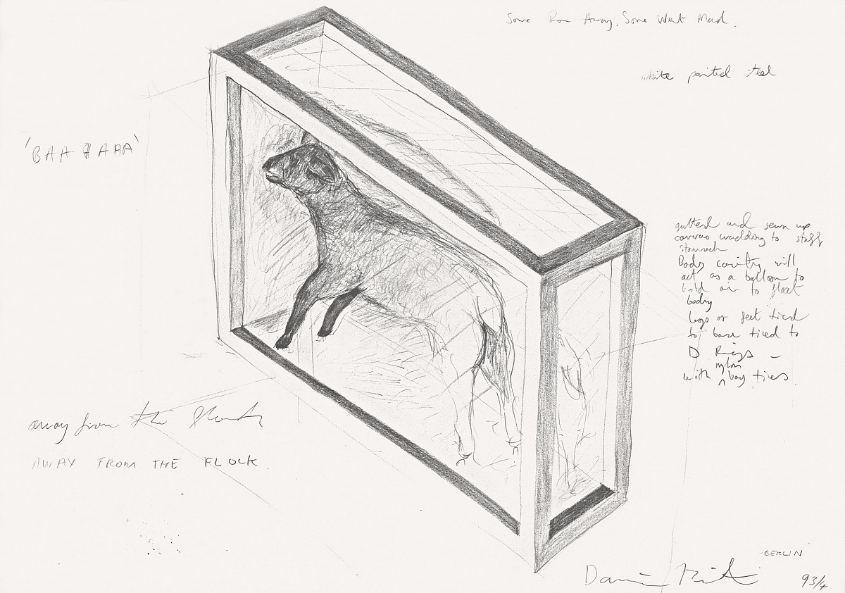 Pencil drawing of the sculpture ‘'Away from the Flock’', showing the lamb in the glass box; with a few notes around the drawing.
