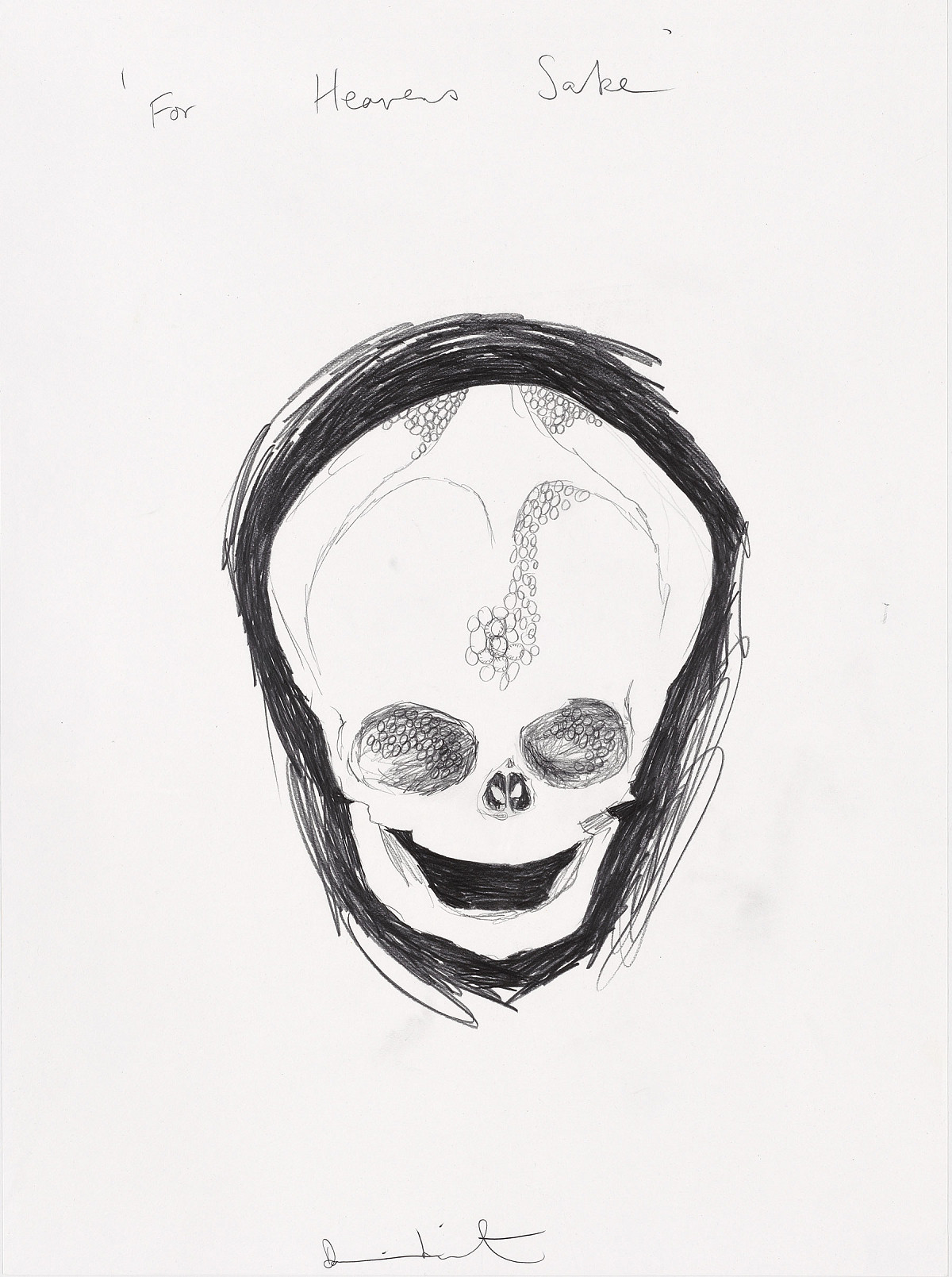 Pencil drawing of a black-framed skull with open mouth, without teeth. The title of the work is above and Damien Hirst's signature below the drawing.