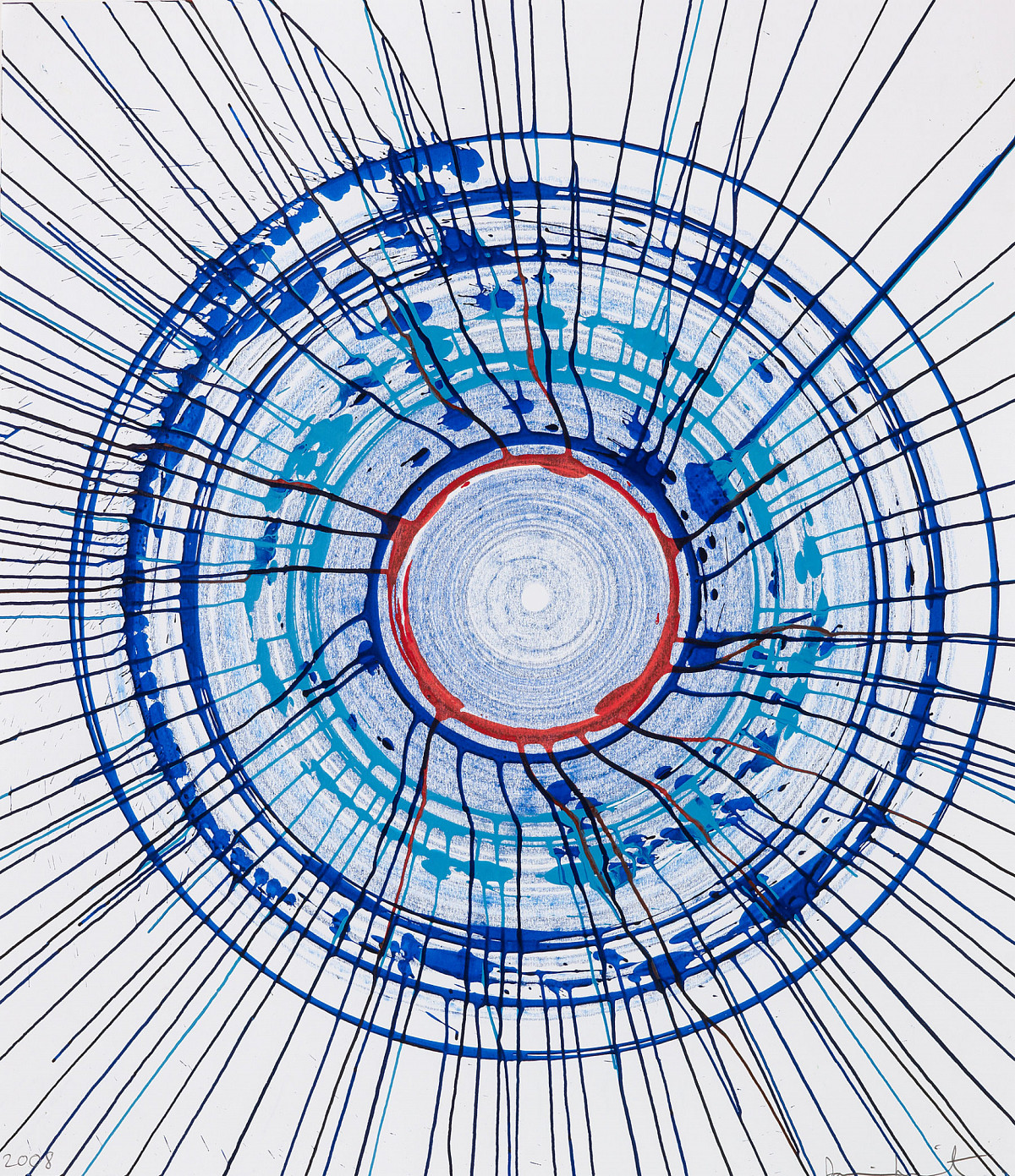 Circular abstract painting with radiating lines in blue and red on a white background. |Damien Hirst | Beautiful Temporarily Lost At Sea Drawing, 2008| Photographed by Prudence Cuming Associates Ltd. © Damien Hirst and Science Ltd. All rights reserved / Bildrecht, Wien 2025