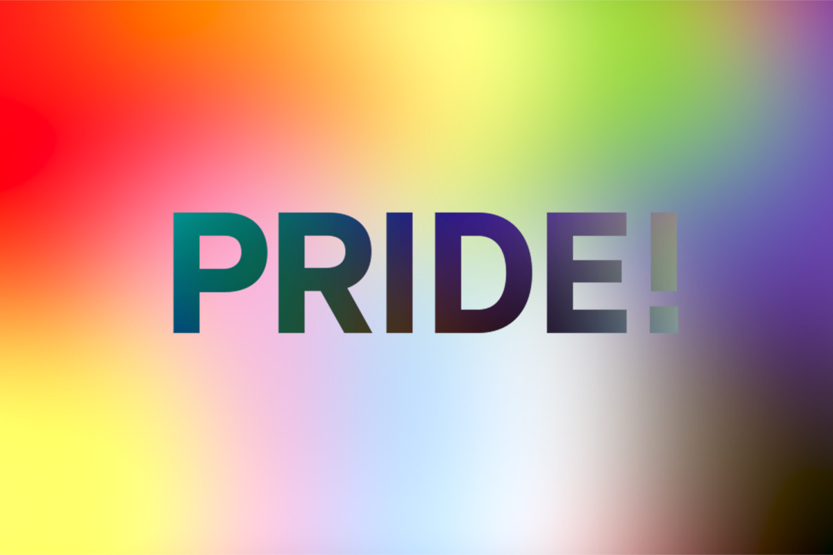 Abstrakte, bunte verschwimmende Farben der Pride-Flagge mit grauer Schrift "Pride!"