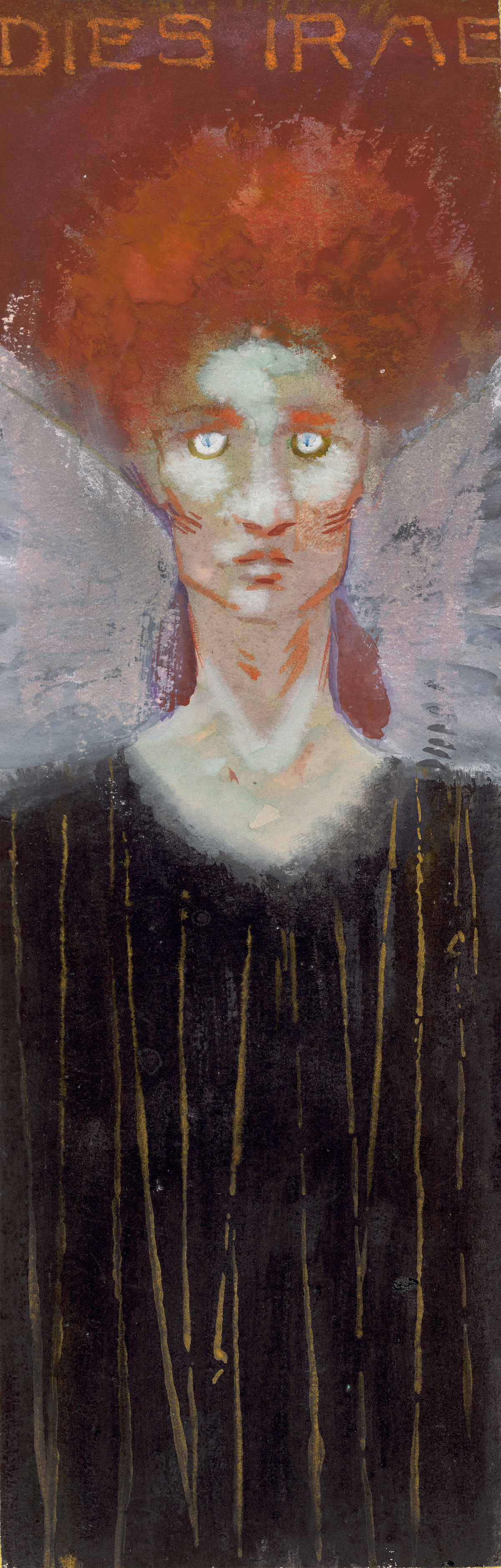 A portrait of a woman with red, protruding hair, white eyes and a black top with golden stripes.