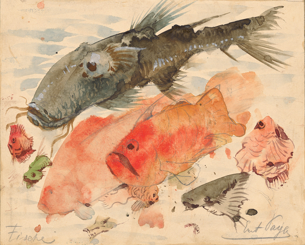 Fish in gray, red and green and in different species and sizes swim close together.