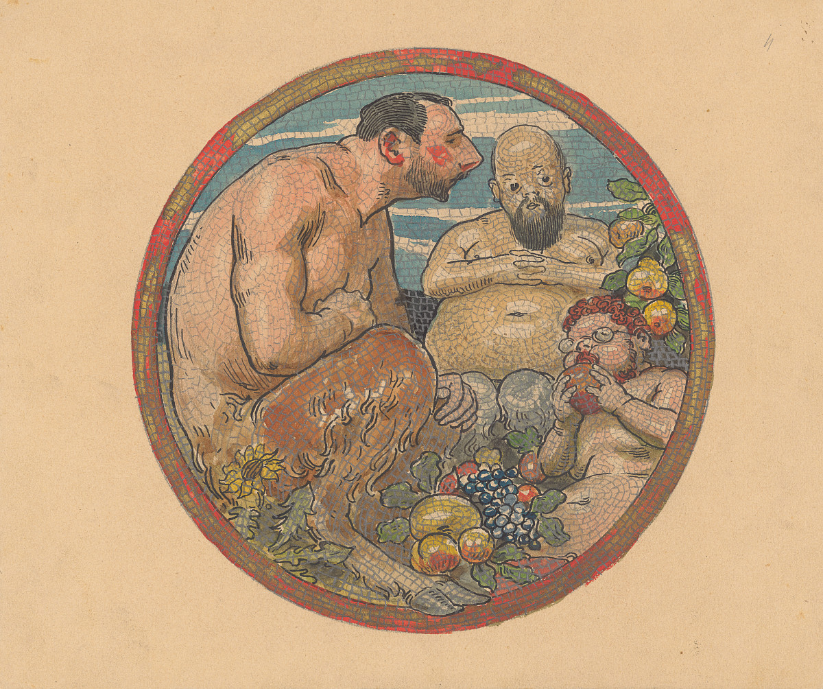 Three men with animal legs. Between them a pile of fruit.