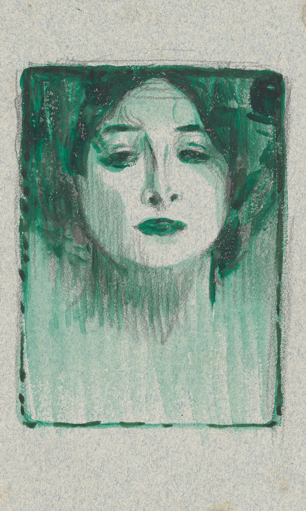 The portrait of a woman painted in green and black. Her hair is pinned up and curly, her bob is pointing downwards.
