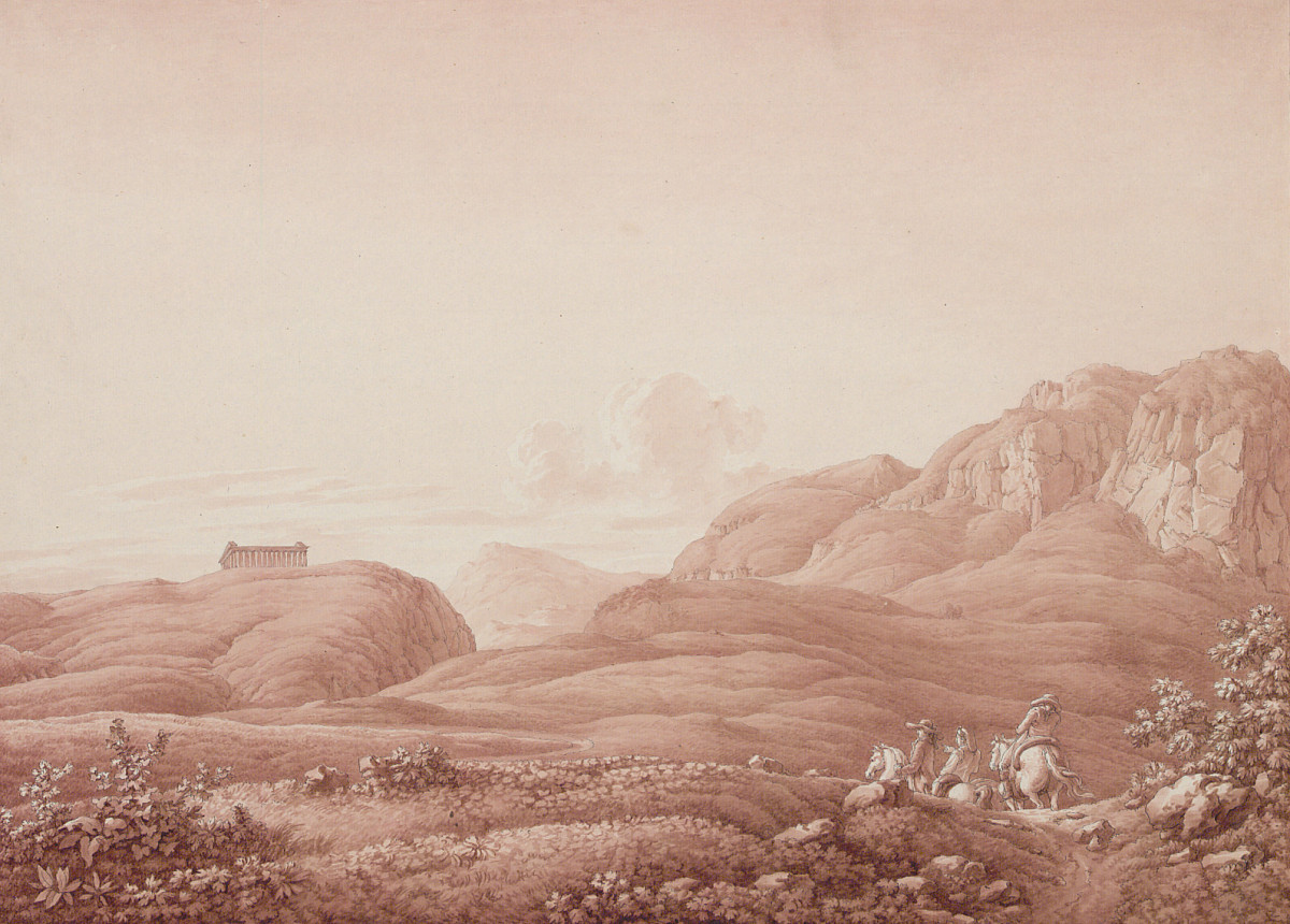 A hilly landscape, the entire picture in a shade of red. In the foreground, three people are riding along a path. In the background a mountain range and a building consisting of columns on a hill.