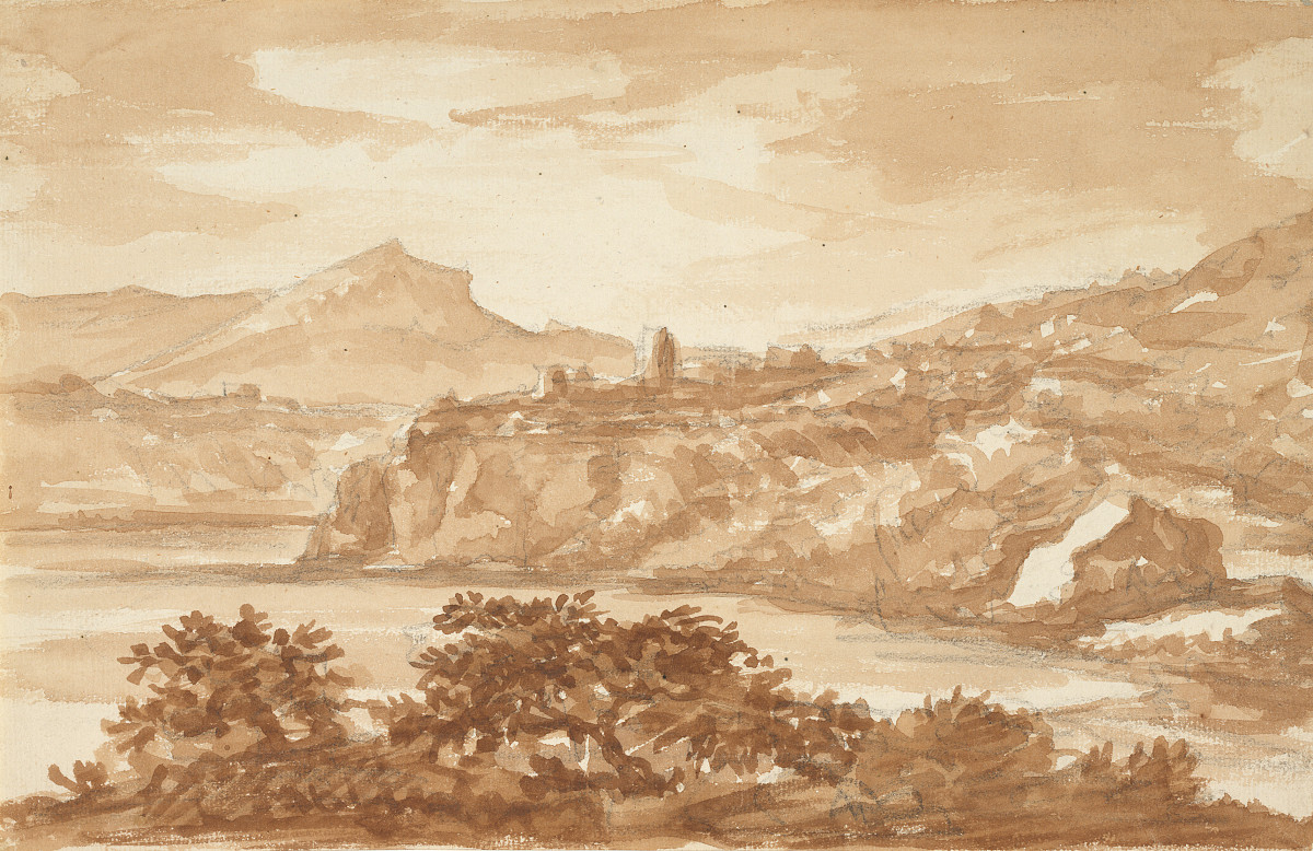 A landscape in shades of brown. A hill with bushes in the foreground, a view of a lake and cliffs with a town on the edge of the cliff and a mountain in the background.