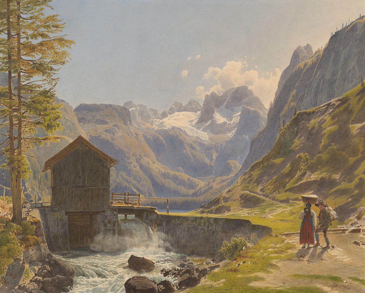 In the background you can see the Dachstein covered in snow. In front of it is a mountain landscape with a path leading to the lake. A man and a woman are walking along the path, next to a mountain stream and a mill.