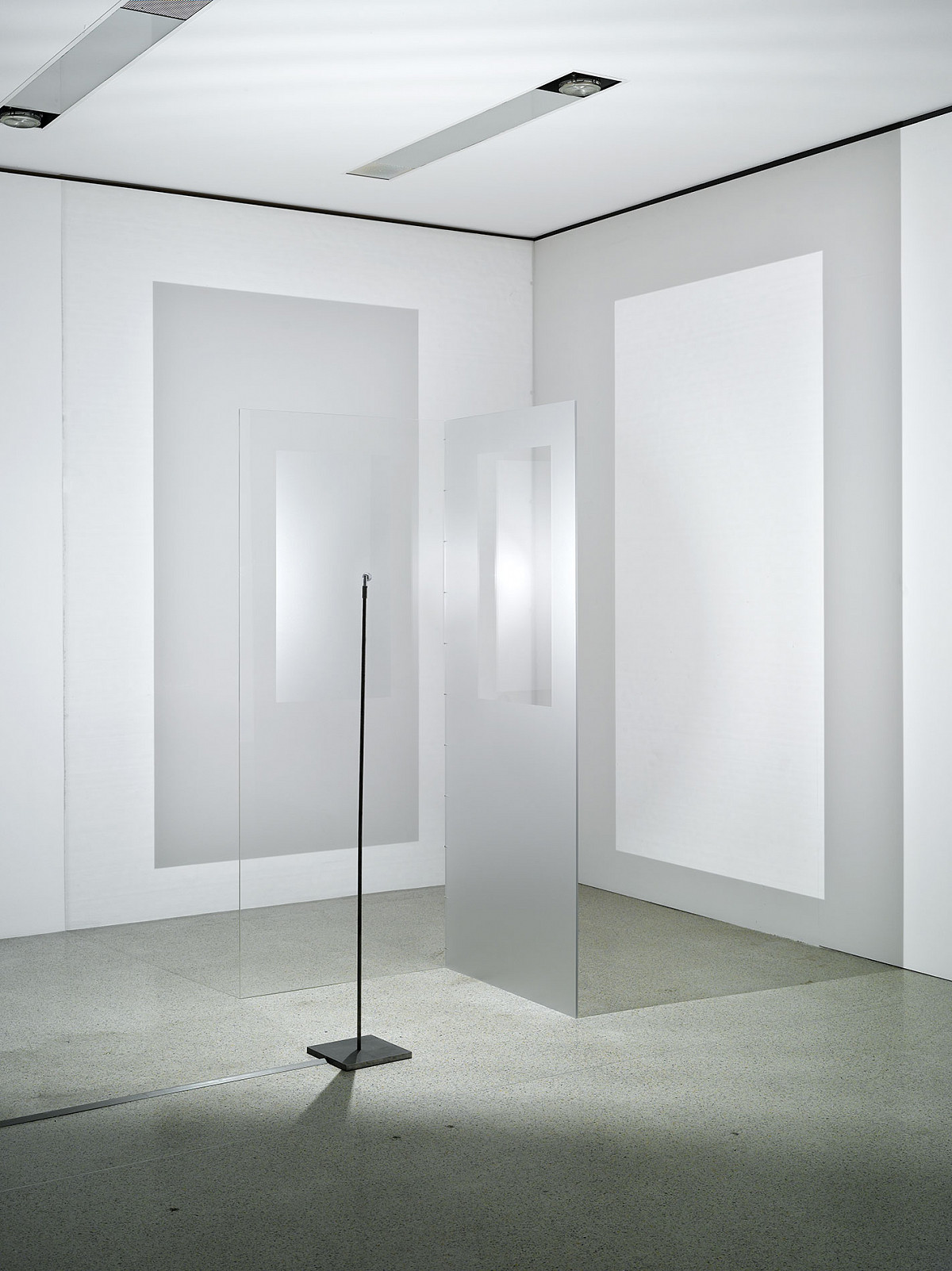 A black halogen lamp stands in front of a mirror in a brightly lit room.