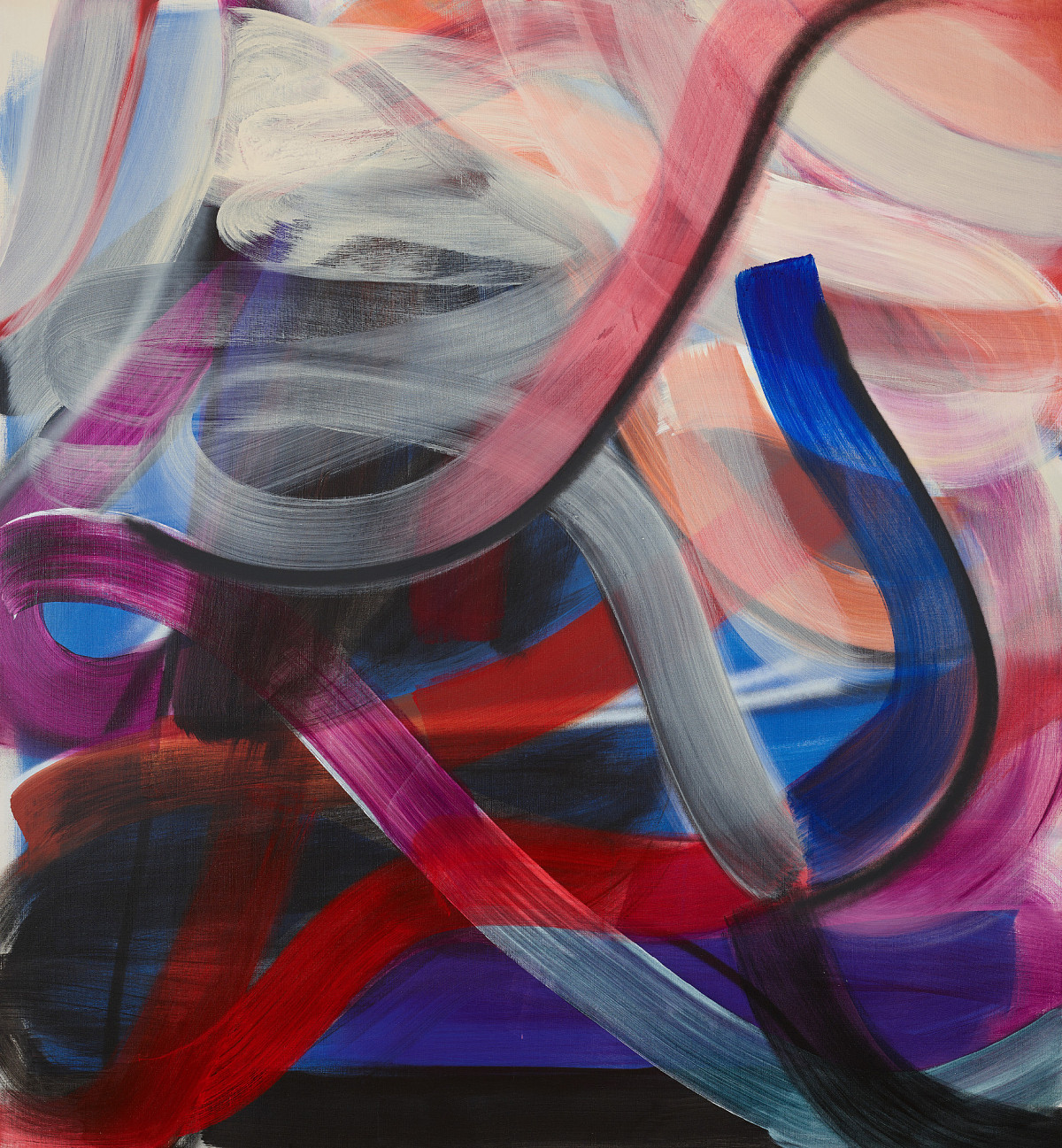 Ein Gemälde aus bunten, dicken Pinselstrichen in Rot- und Blautönen. Credit: Liliane Tomasko | a dream of: A COIL THAT UNFURLED, 2018 | ALBERTINA, Wien – Familiensammlung Haselsteiner © Liliane Tomasko