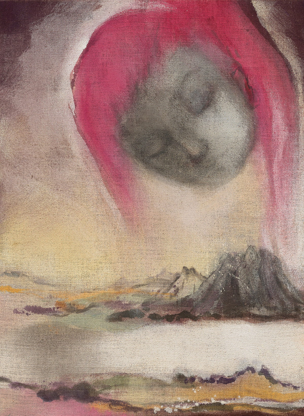 Portrait of a figure with pink hair against a light background, mountains below.