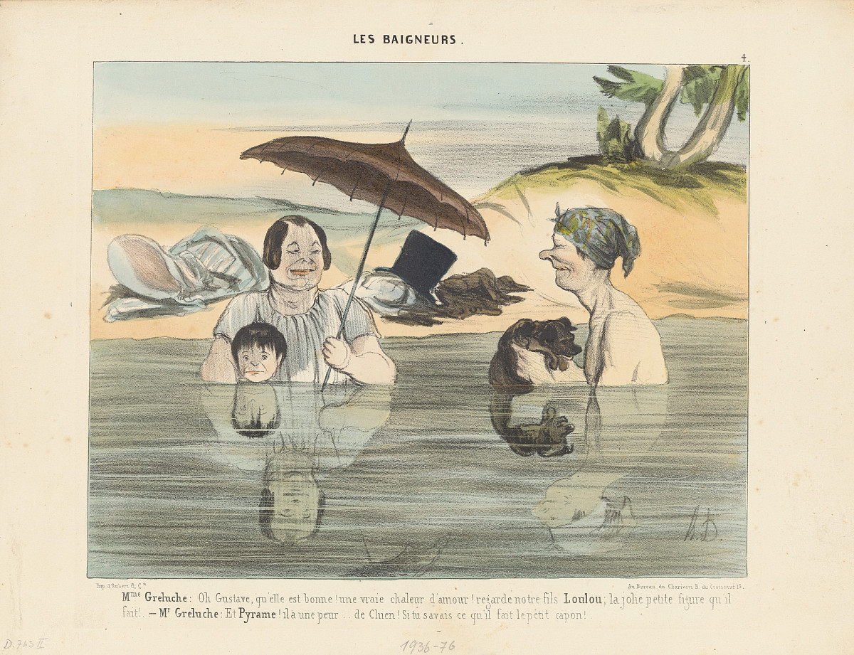 A woman with a child and a man bathing in a lake. The woman is wearing a bathing suit and holding a parasol in her hand, looking at the man. The man is holding a small brown dog in his hands and wearing a kind of pointed cap on his head. Clothes are lying on the shore, and a top hat can be seen.