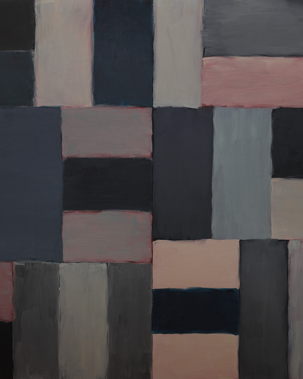 Rechtecke in dunklen Schwarz-, Blau-, Grau- und Rosatönen, die in Quadraten angeordnet sind.