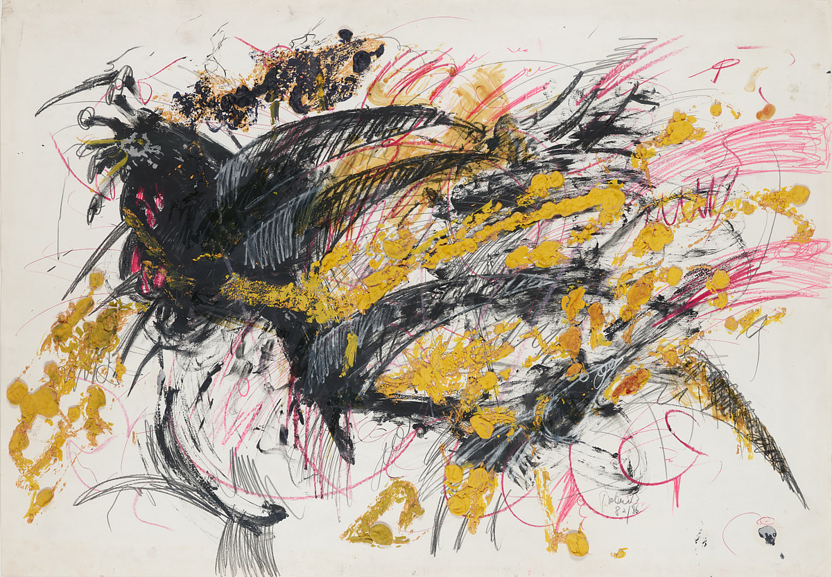 Abstract painting in black, gold, and pink on a white background.