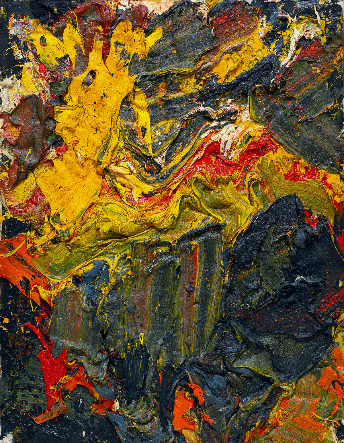 Abstract painting with shades of red, yellow, and blue that are mixed together to form other colors and textures.