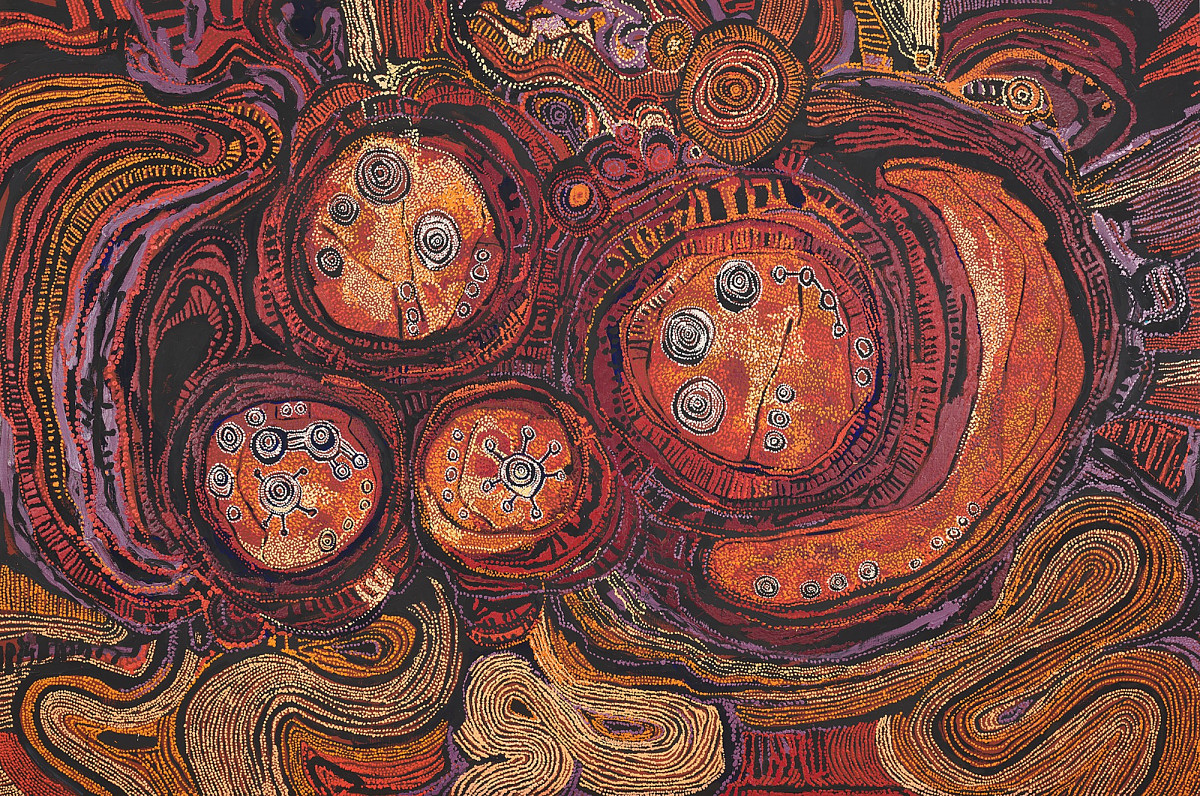 Dotted lines that form abstract shapes. In the center of the image are several circles with abstract suns and trees in the middle.