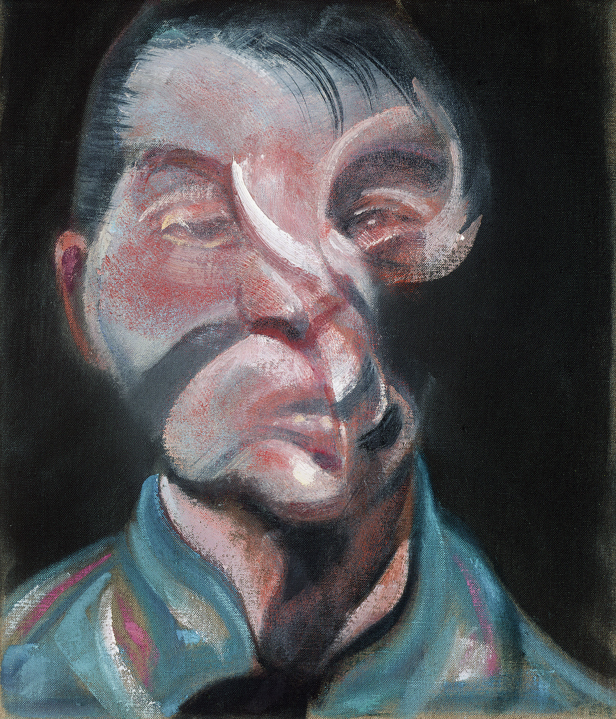 Oil painting: self-portrait of a man, head and shoulders against a dark background, loosely and distortedly painted.