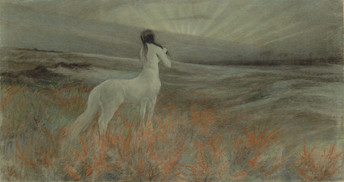 Painting: A female centaur looks down from an elevated position onto a plain.