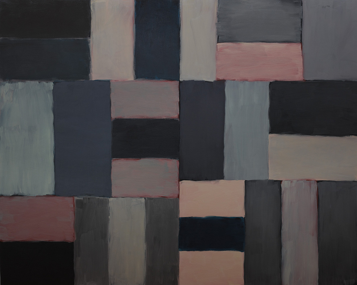 Rectangles in dark shades of black, blue, gray, and pink arranged in squares.