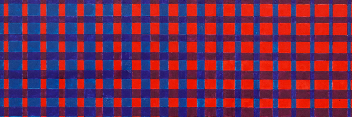 Ein quadratisches Bild bestehend aus gleich großen, rechteckigen Feldern in einem Farbverlauf von blau bis rot. Credit: Helga Philipp | Ohne Titel, 1968 | Privatsammlung, Wien © Nachlass Helga Philipp | Foto: Axel Schneider, Frankfurt am Main