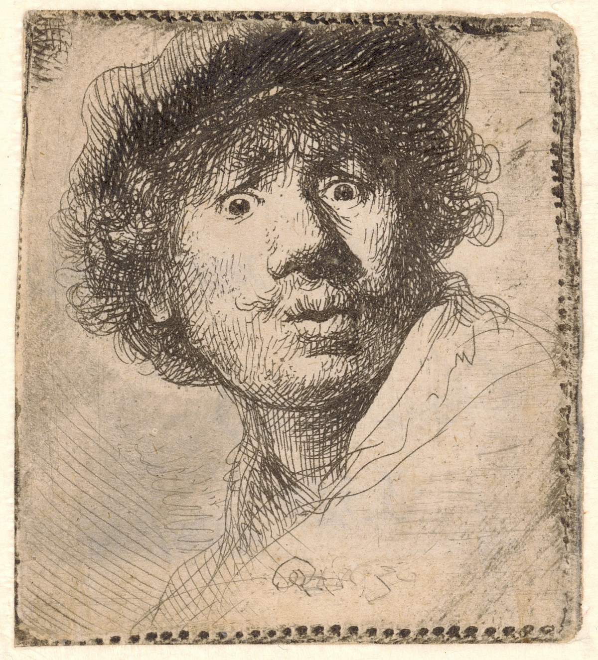Drawing: A self-portrait of the artist with wide eyes and pursed lips. He is wearing a headdress under which curly hair and a moustache can be seen. He is looking out of the picture with his head turned to one side. Credit: Rembrandt Harmensz. van Rijn | Self-portrait with eyes wide open, 1630 | The ALBERTINA Museum, Vienna