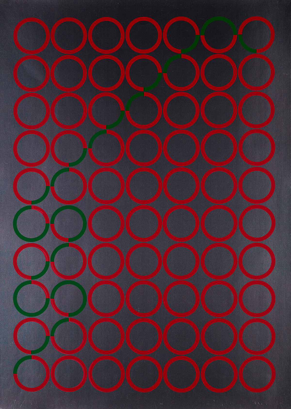 On a gray background, there are rows and columns of red-bordered circles lined up next to each other. Some of the circles have partial green borders, creating a pattern.