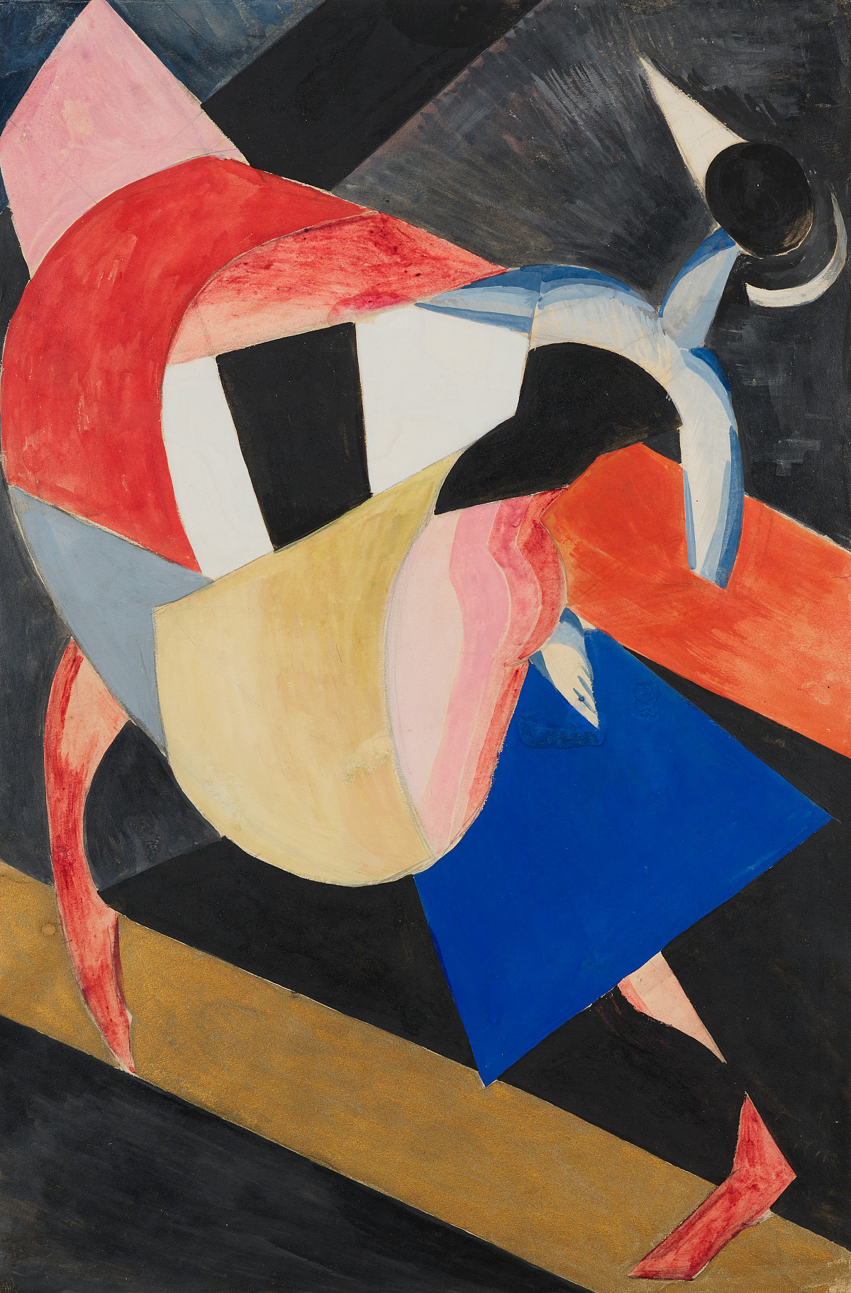 Abstract painting of a figure in motion, composed of different shapes.