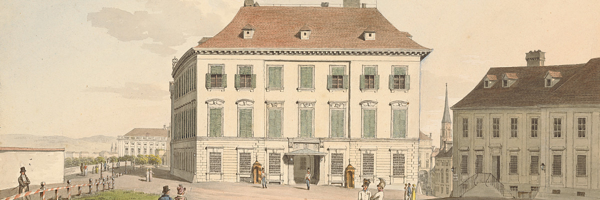 View of the Palais of Duke Albert in Vienna, neoclassical façade surrounded by garden, watercolor on paper.