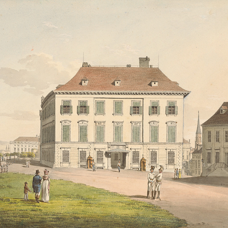 View of the Palais of Duke Albert in Vienna, neoclassical façade surrounded by garden, watercolor on paper.