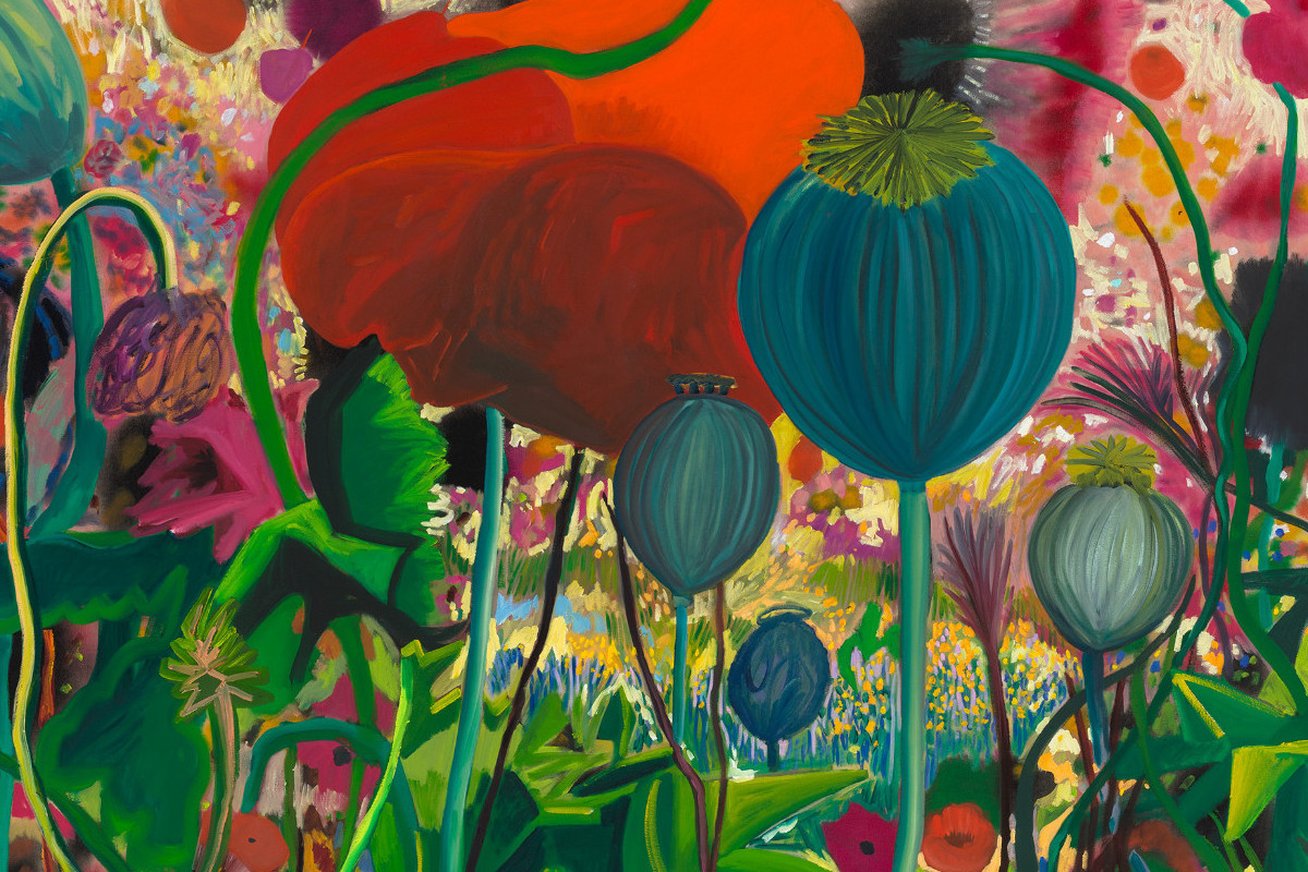 Colorful painting with many poppies and poppy buds growing upwards.