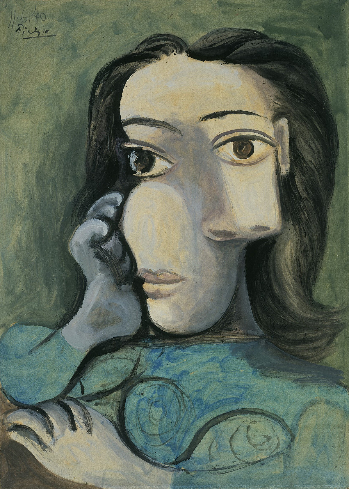 Oil painting: bust of a woman shown frontally, with simplified forms and strong color contrasts.