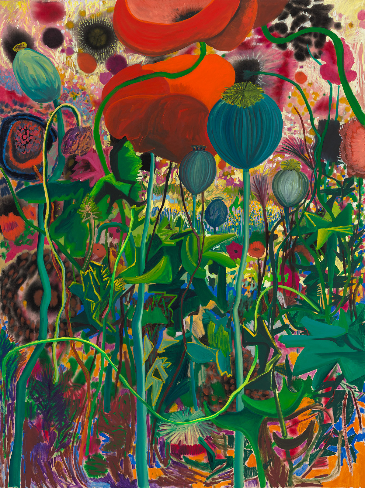 Colorful painting with many poppies and poppy buds growing upwards.