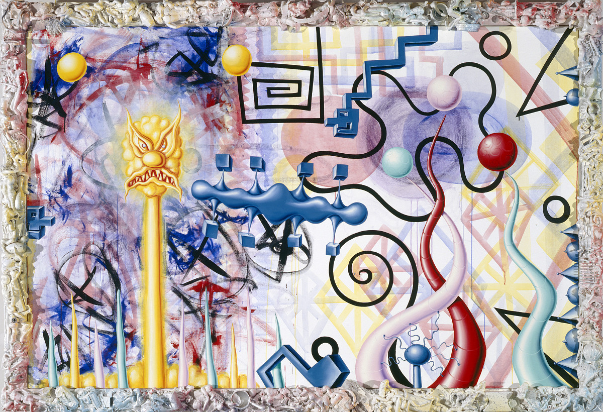 Buntes, surreales Gemälde, auf dem Muster und Formen sowie eine comicartige gelbe Figur zu erkennen sind.