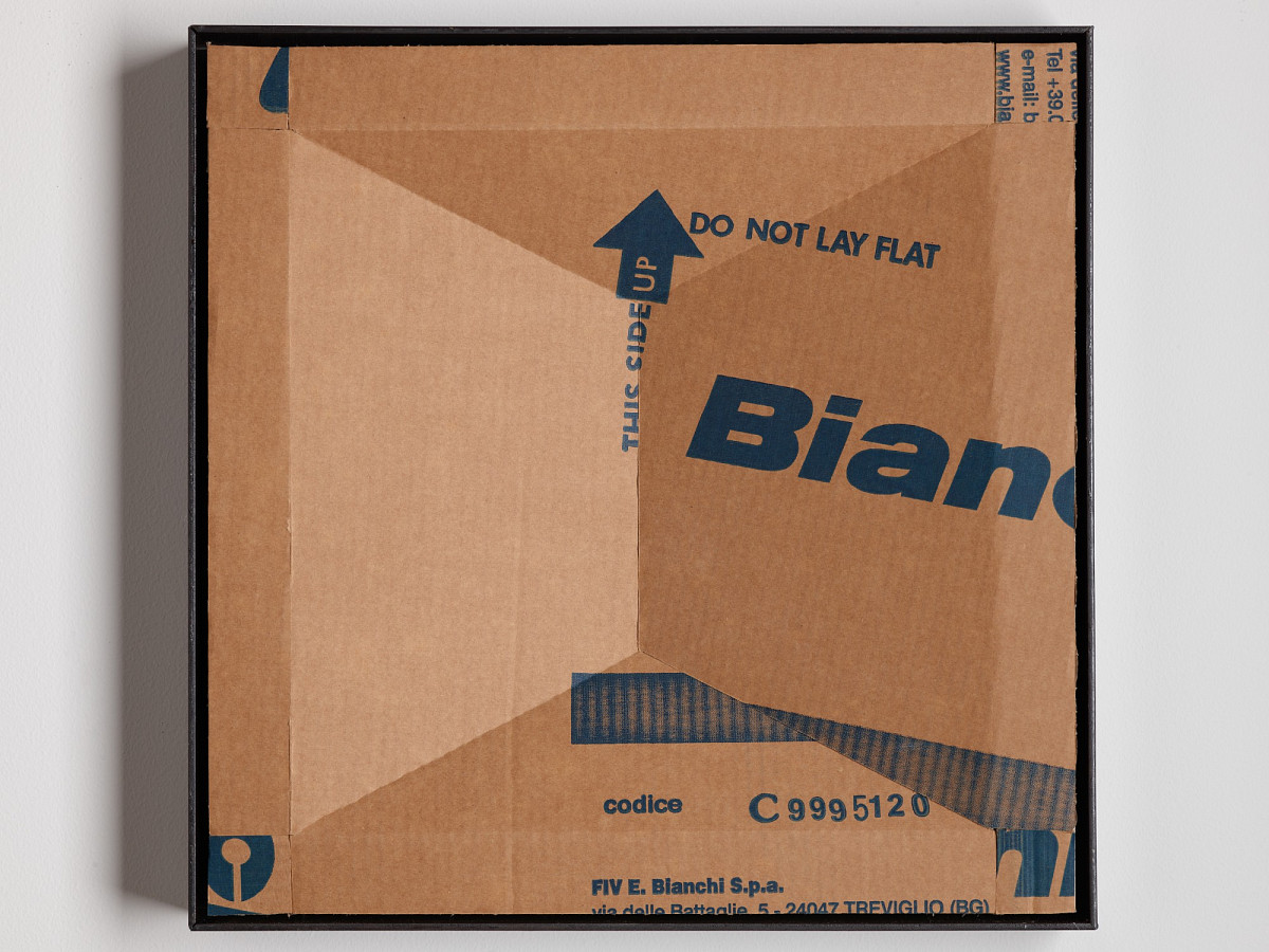 Square cardboard box with colorful print