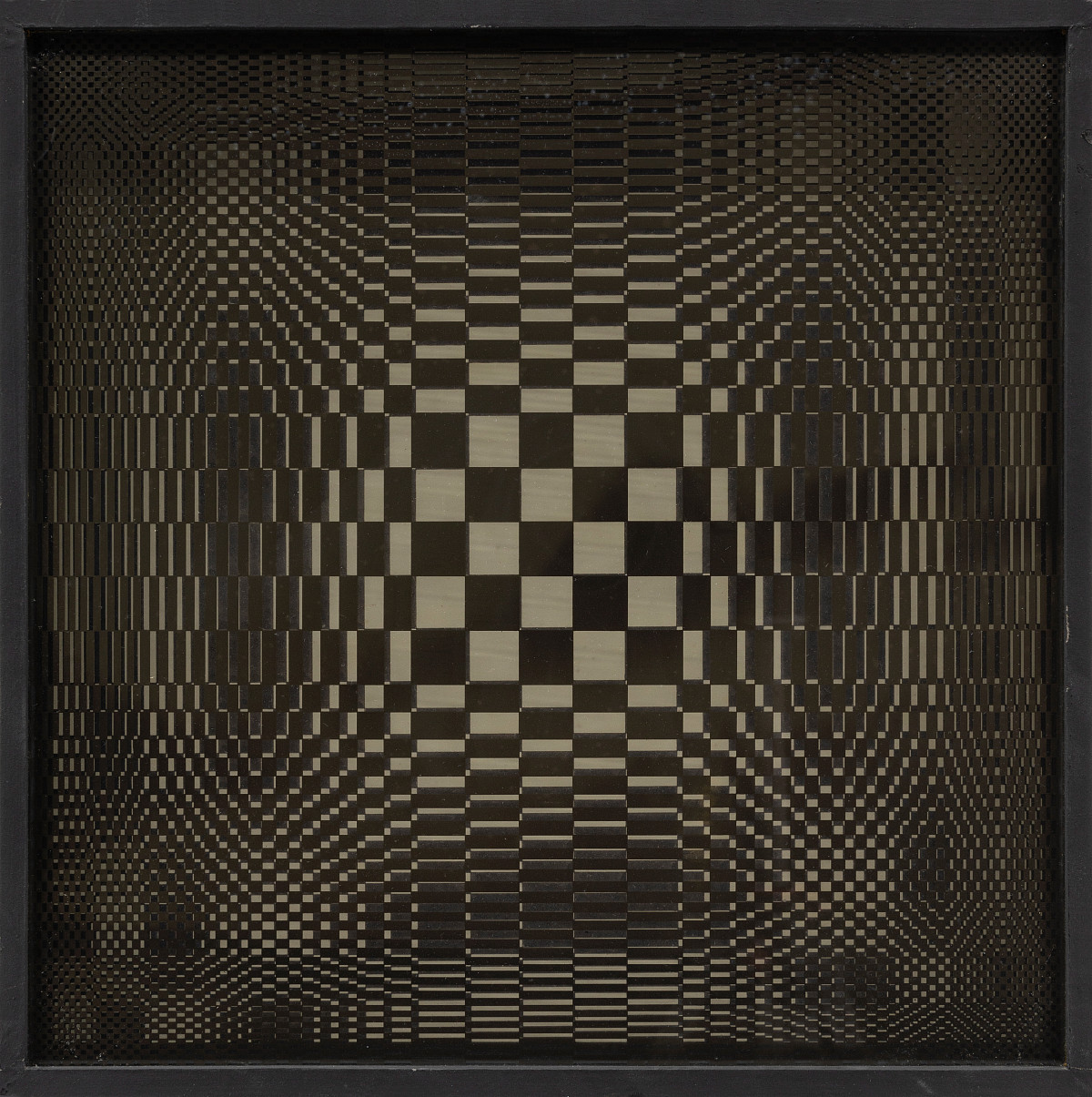 A black and grey painting composed of geometric shapes that appears to be a 3D object when viewed.