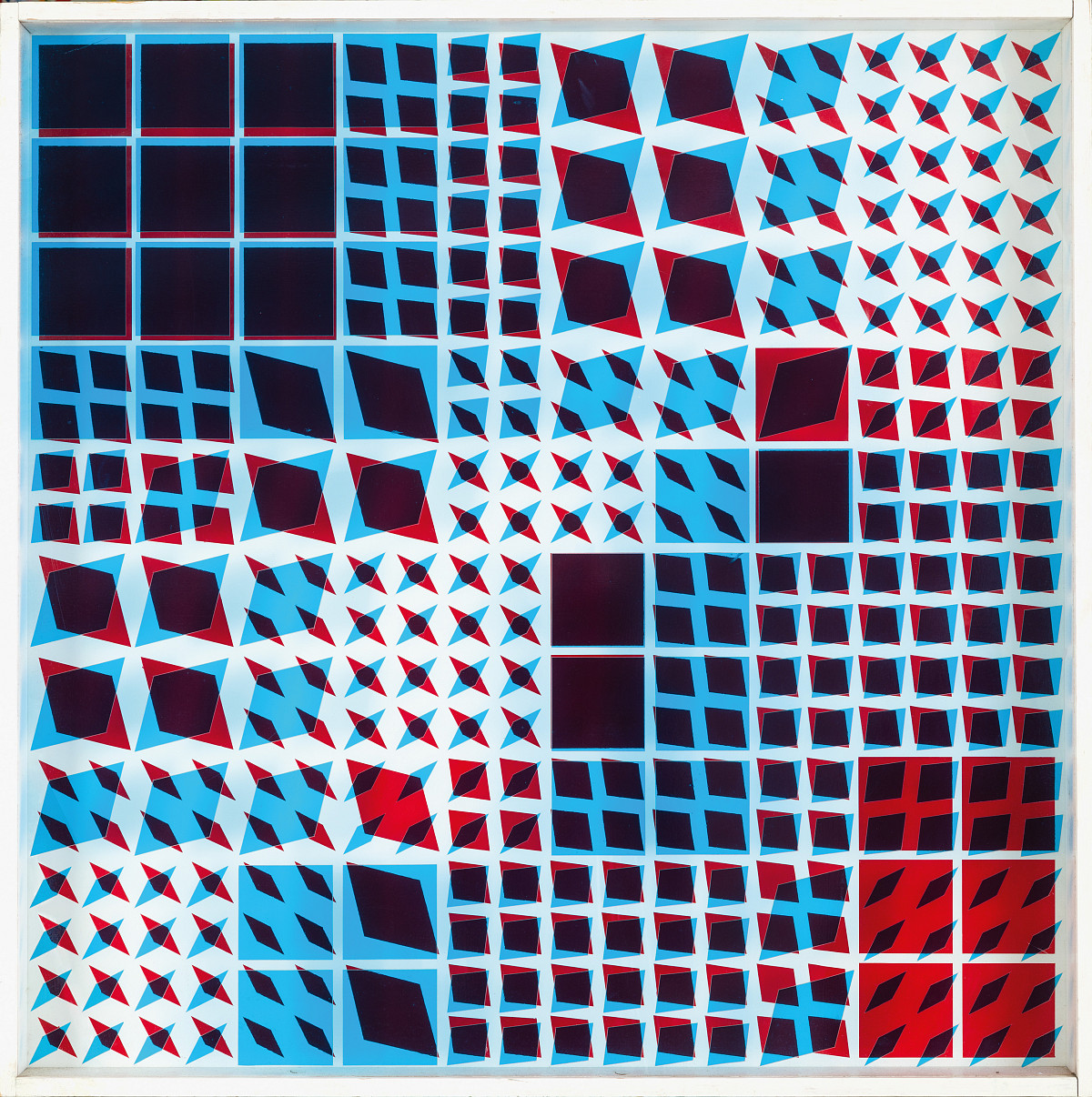 A square image composed of various geometric shapes in black, red, blue and white.