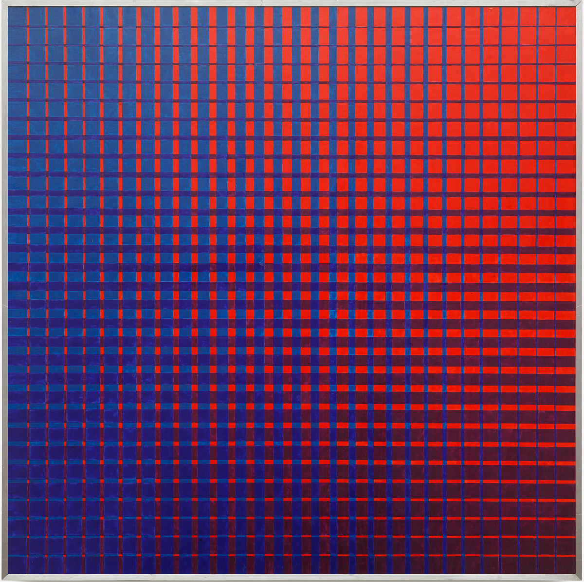A square image consisting of rectangular fields of equal size in a colour gradient from blue to red.