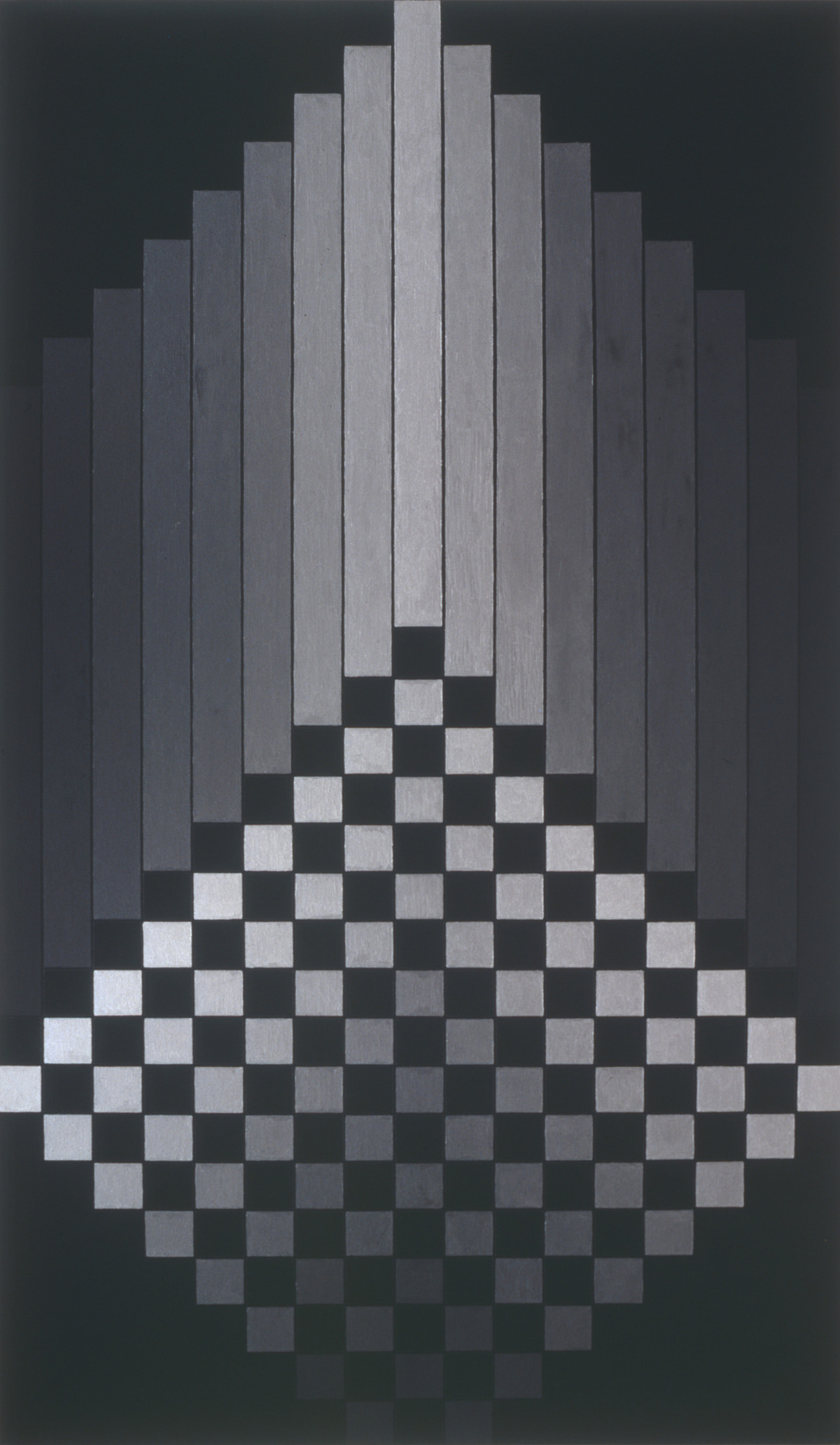 Black background with grey bars arranged side by side above it, and the underside of the bars forms a rectangular check pattern in black and white.