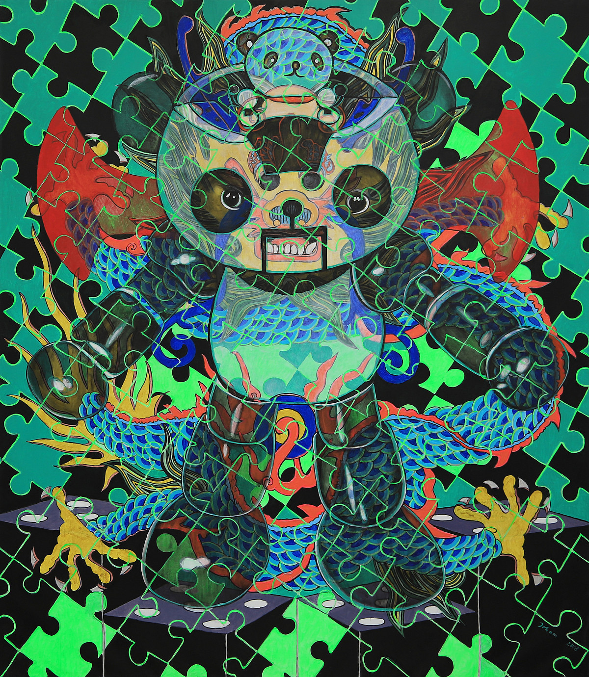 A painting that looks like a puzzle with black and green pieces, depicting a panda cartoon character.